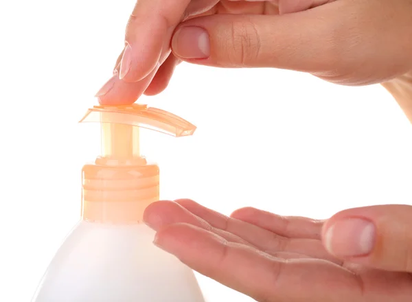 Hands using liquid soap — Stock Photo, Image