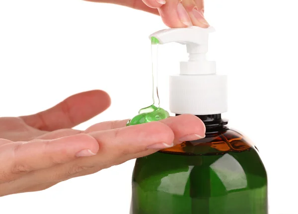 Hands using liquid soap — Stock Photo, Image