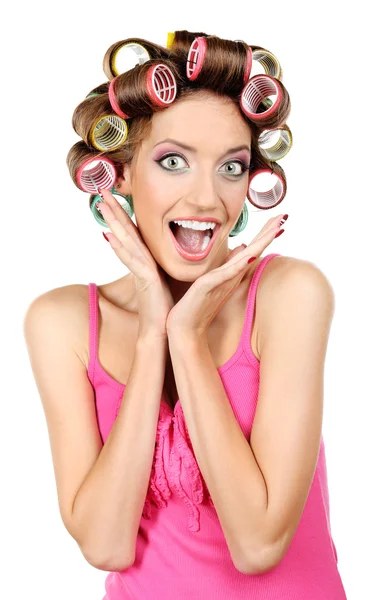 Menina bonita em encrespadores de cabelo isolado no branco — Fotografia de Stock