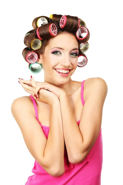 Beautiful girl in hair curlers isolated on white — Stock Photo, Image