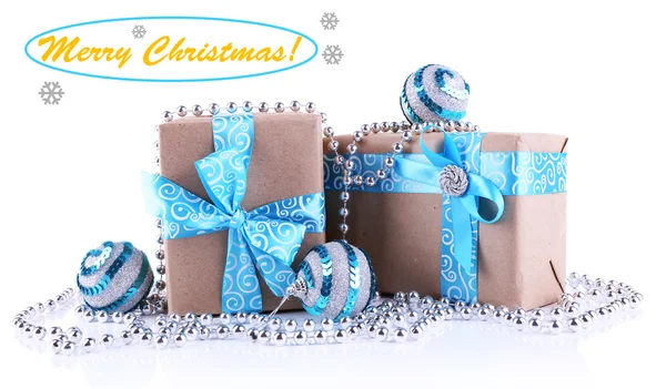 Holiday gift boxes with blue ribbon — Stock Photo, Image