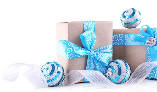 Holiday gift boxes with blue ribbon — Stock Photo, Image