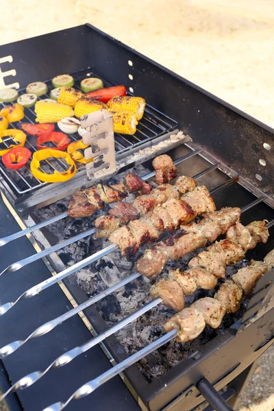 Skewers and vegetables on barbecue — Stock Photo, Image