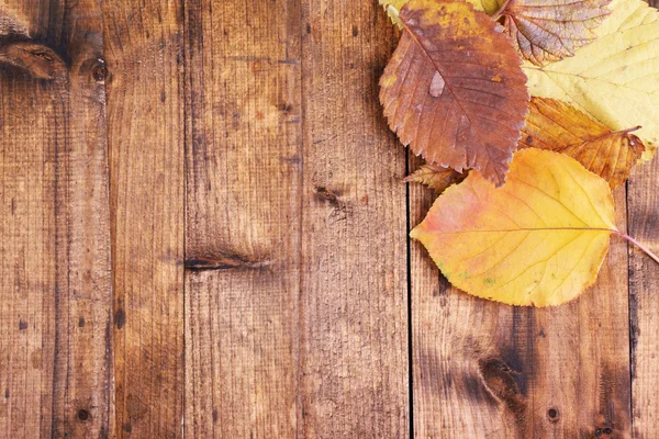 Yellow leaves on wooden background — Stock Photo, Image