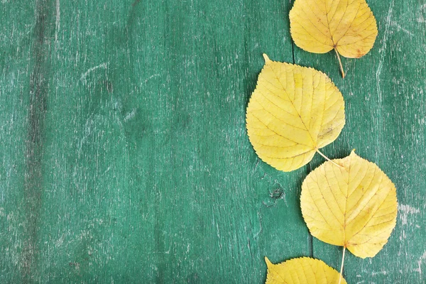 Yellow leaves on green wooden background — Stock Photo, Image