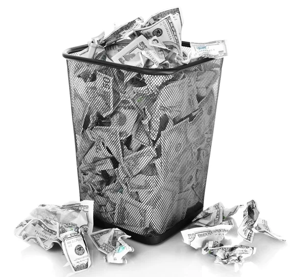 Money in dustbin isolated on white — Stock Photo, Image