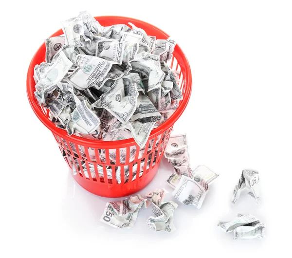 Money in dustbin isolated on white — Stock Photo, Image