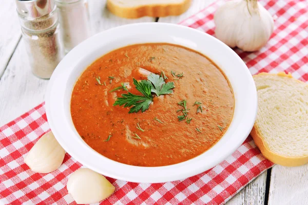 Delicious lentil cream-soup on table close-up — Stock Photo, Image