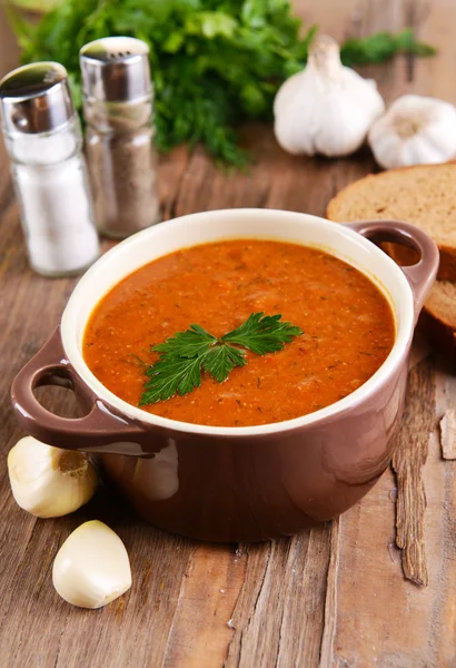 Delicious lentil cream-soup on table close-up — Stock Photo, Image