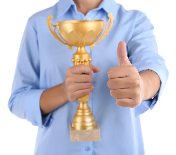 Mulher segurando copo troféu isolado no branco — Fotografia de Stock