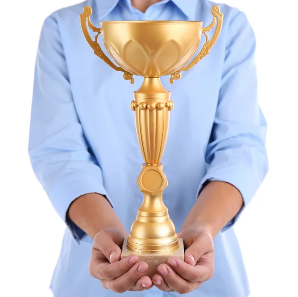 Mulher segurando copo troféu — Fotografia de Stock