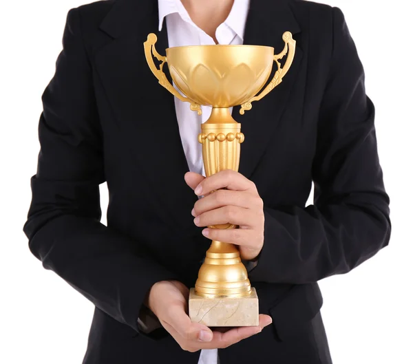 Mulher segurando copo troféu — Fotografia de Stock