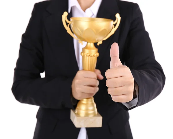 Mulher segurando copo troféu — Fotografia de Stock