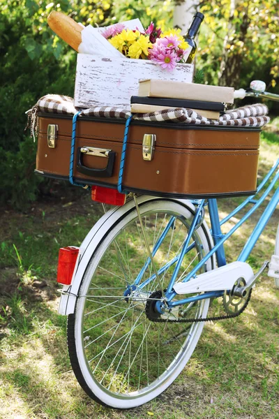 Cykel- och brun resväska — Stockfoto