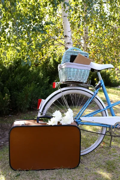 Велосипед и коричневый чемодан — стоковое фото