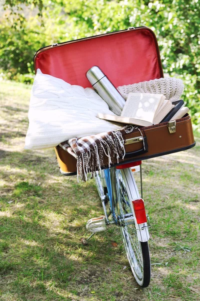 Cykel- och öppen resväska på den i skugga i park — Stockfoto