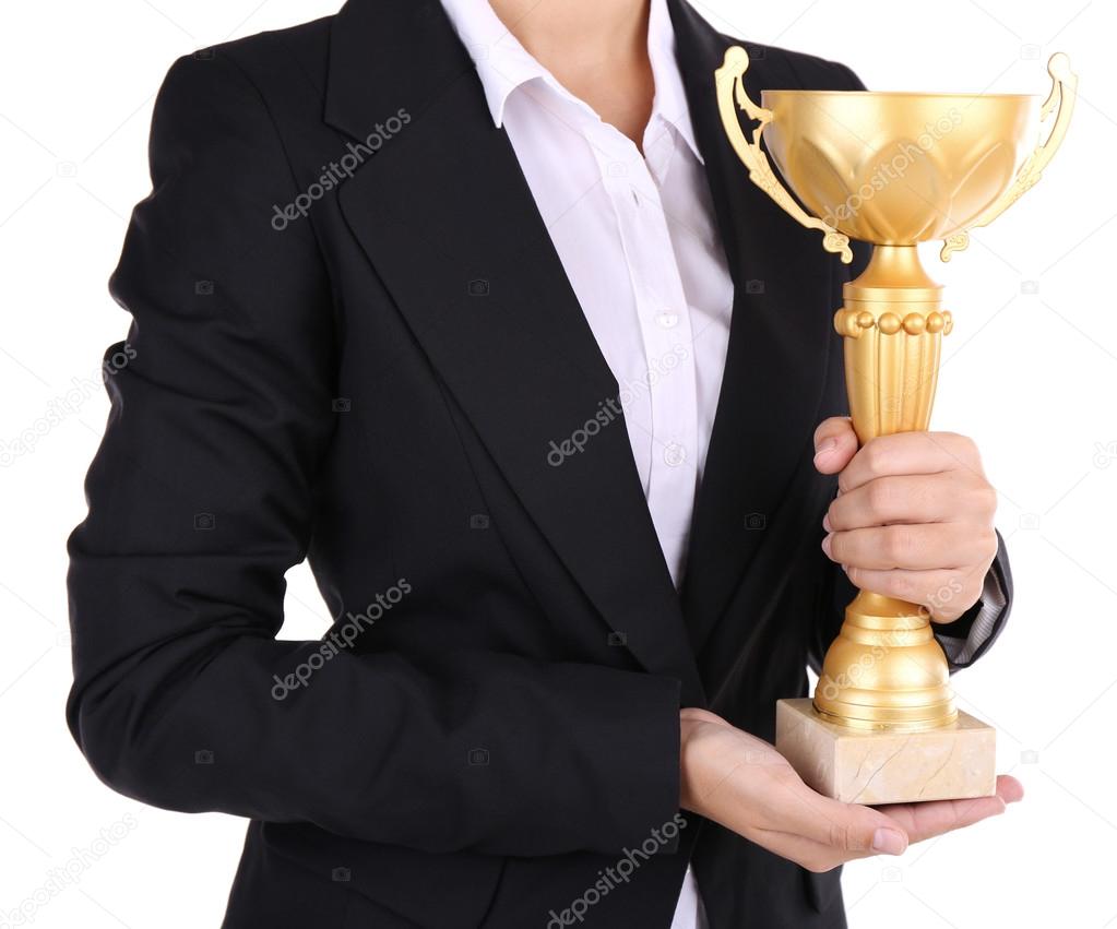 Woman holding trophy cup