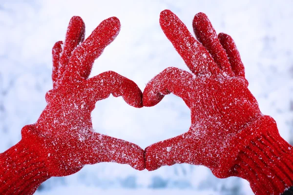 Kadının kış doğal zemin üzerine kırmızı eldiven eller