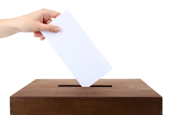 Human hand with envelope in mailbox — Stock Photo, Image