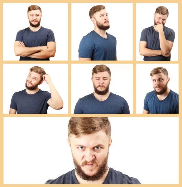 Koncept emoce. Pohledný muž s vousy koláž — Stock fotografie