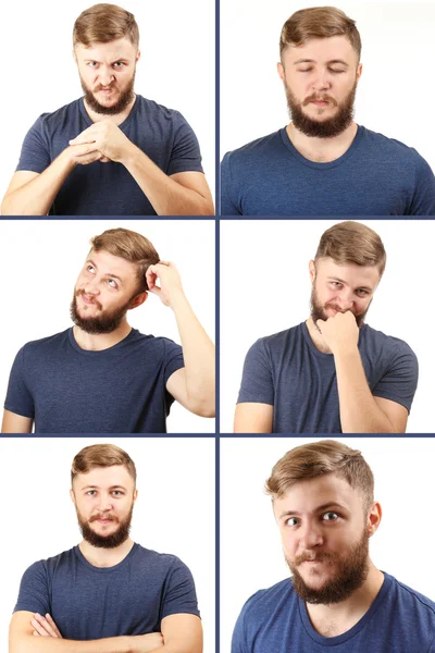 Concepto de emoción. Hombre guapo con collage de barba — Foto de Stock