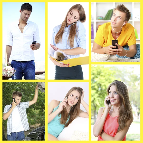 Anslutning Koncept Personer Med Mobiltelefon Collage — Stockfoto