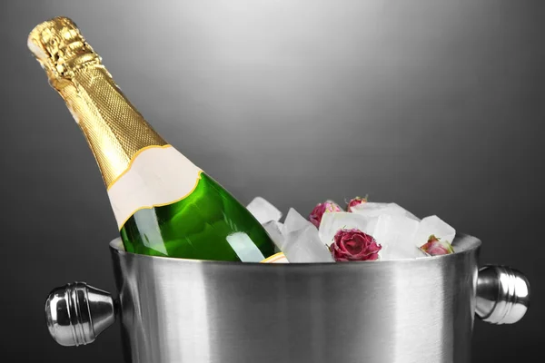 Láhev šampaňského, kbelík s ledem, na šedém pozadí — Stock fotografie