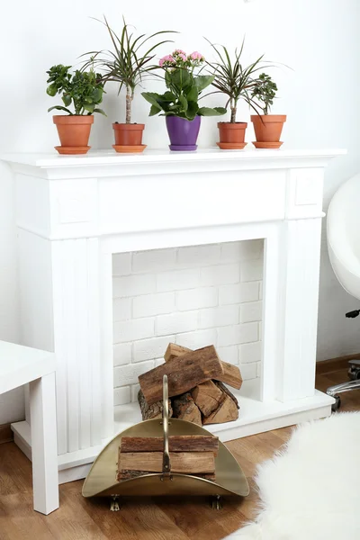 Fireplace with beautiful decorations in comfortable living room — Stock Photo, Image