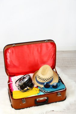 Bayan giyim ve fotoğraf makinesi ışık arka plan üzerinde eski bavul