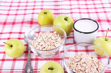 Kase, süt ve elma kareli kumaş zemin üzerine bir fincan yulaf ezmesi