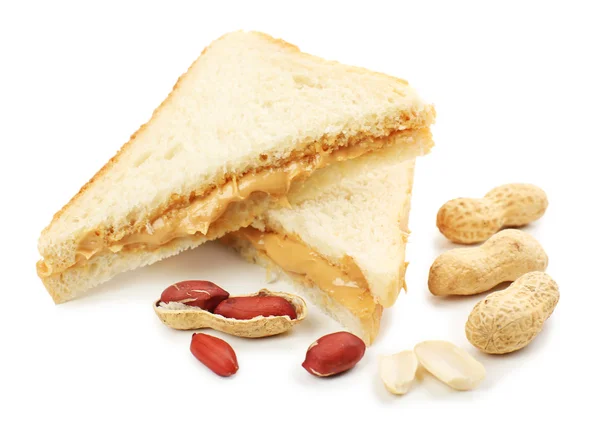 Хлібний шматочок з вершковим арахісовим маслом, ізольований на білому — стокове фото