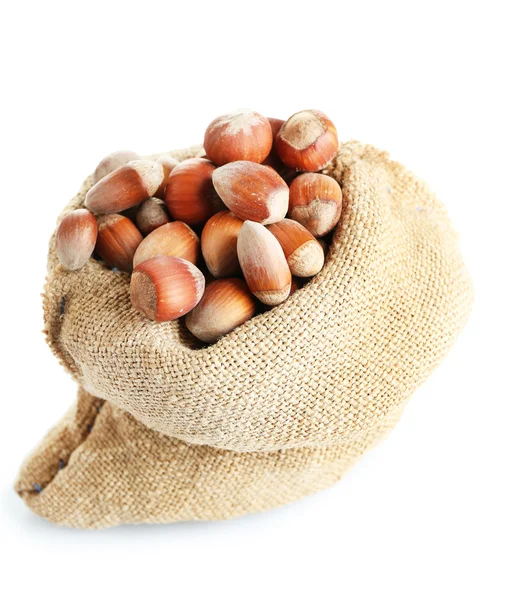 Hazelnuts in bag isolated on white — Stock Photo, Image