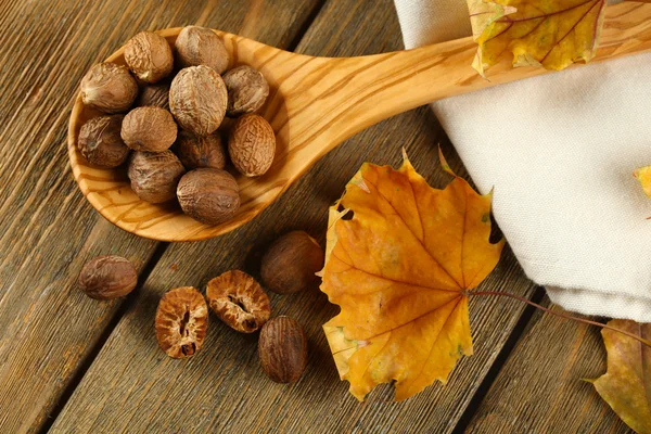 Nutmeg in wooden spoon on table close up — Stock Photo, Image