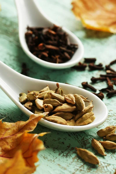 Kardemumma och nejlika i skedar med gula blad på trä bakgrund — Stockfoto