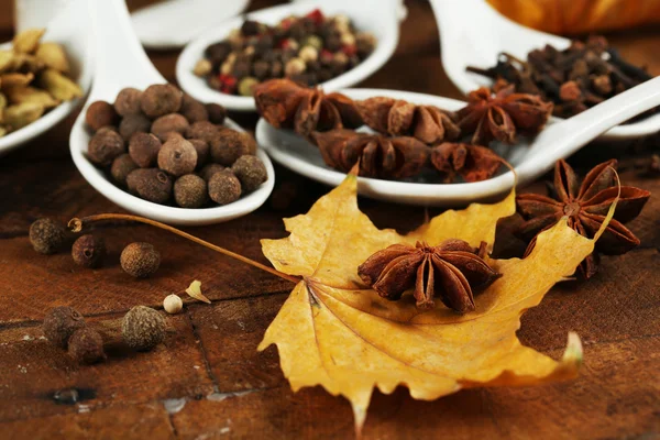 Olika kryddor i skedar med gula blad på trä bakgrund — Stockfoto