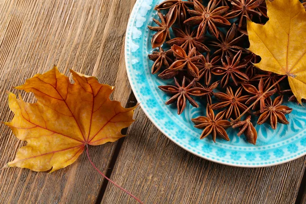 Stars anise on plate on wooden background — Stock Photo, Image