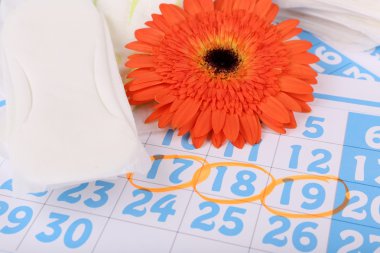 Hijyenik ped, mavi Takvim arka planda turuncu Gerber