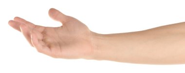 Adam elini tut beyaz izole bir şey