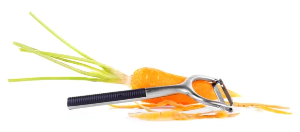 Carrots and vegetable knife isolated on white — Stock Photo, Image