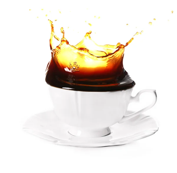 Cup of coffee with splashes, isolated on white — Stock Photo, Image