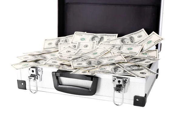Lot of one hundred dollar bills in suitcase isolated on white — Stock Photo, Image