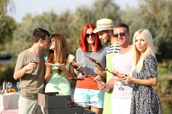 Giovani amici che fanno festa barbecue, all'aperto — Foto Stock