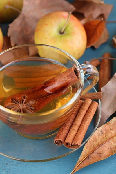 Samenstelling van appel cider met kaneelstokjes, verse appelen en Herfstbladeren op houten achtergrond — Stockfoto