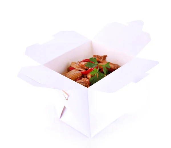 Fried noodle in takeaway box isolated on white — Stock Photo, Image