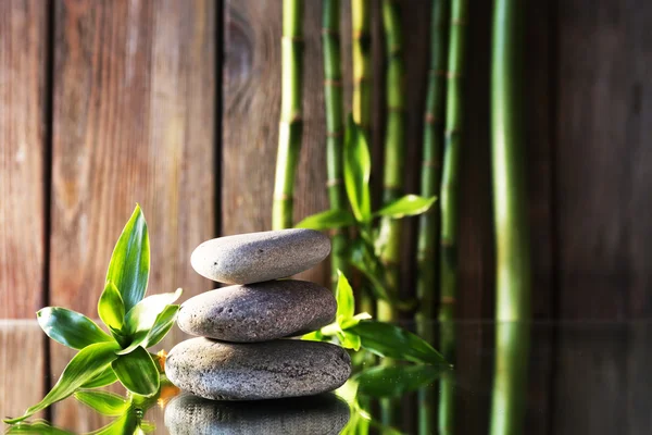 Spa taş ve ahşap duvar arka plan ayna yüzeyinde bambu dalları — Stok fotoğraf