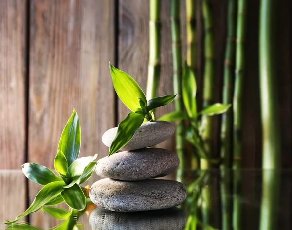 Spa stones and bamboo branches on mirror surface on wooden wall background — Stock Photo, Image