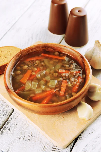 Delicious lentil soup on table close-up — Stock Photo, Image