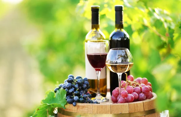 Schmackhafter Wein auf Holzfass auf Traubenplantage Hintergrund — Stockfoto