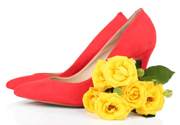Vacker kvinna skor med blommor isolerad på vit — Stockfoto