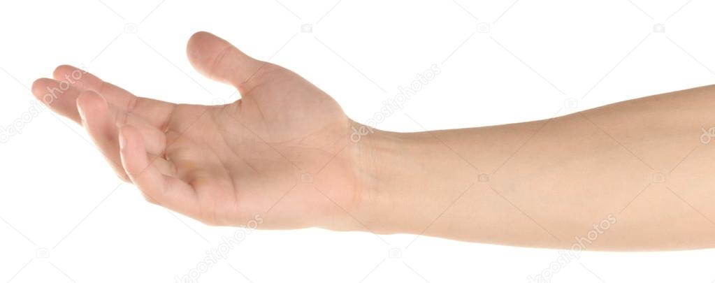 Man hand hold something isolated on white